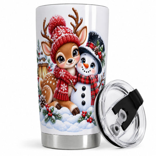 Christmas Reindeer and Snowman Tumbler 20oz, Winter Illustration