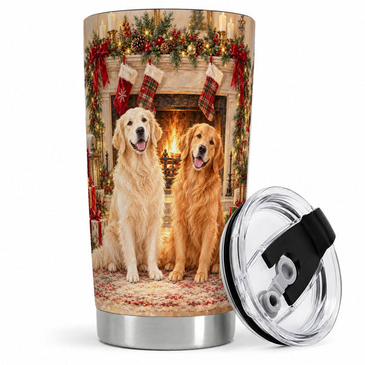 Golden Retriever Christmas Tumbler 20oz, Cozy Fireplace Artwork