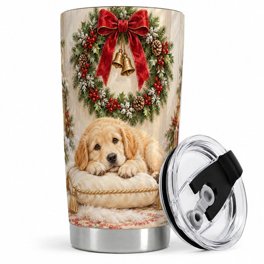 Christmas Golden Retriever Puppy Tumbler 20oz, Wreath Illustration