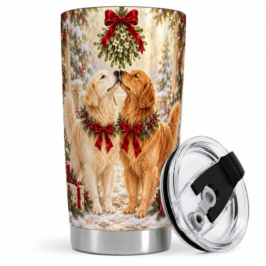 Golden Retrievers Under Mistletoe Tumbler 20oz, Christmas Art
