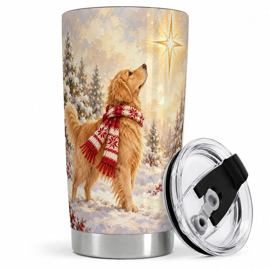 Golden Retriever Christmas Star Tumbler 20oz, Snowy Forest Art