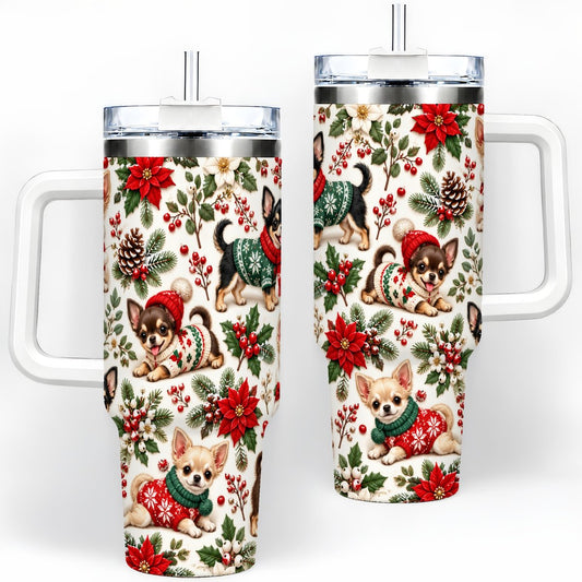 Christmas Chihuahua Pattern Tumbler 40oz, Floral Art