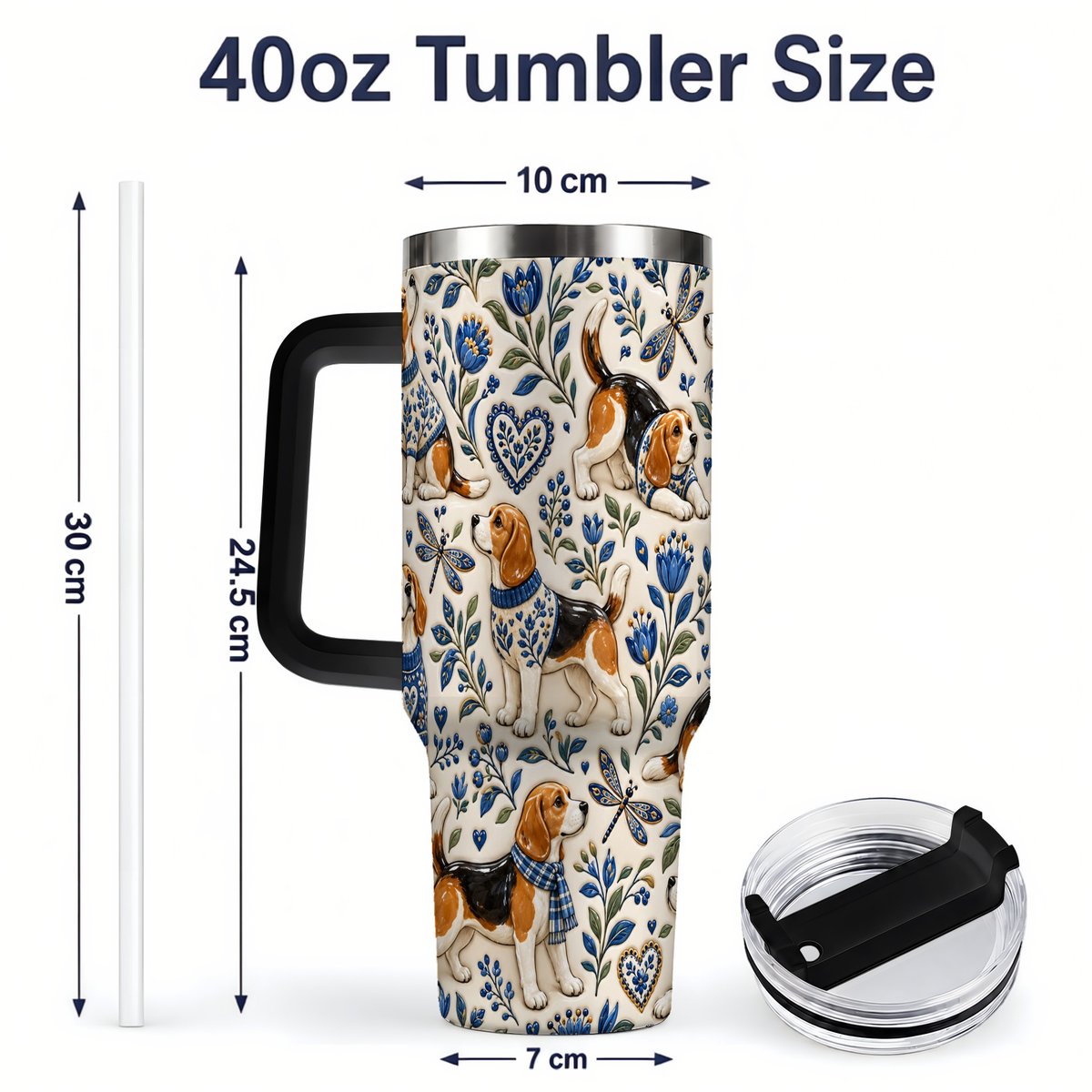 #pl[40oz|Black] Beagle Floral Pattern Tumbler 40oz, Blue Botanical Artwork