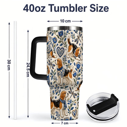 #pl[40oz|Black] Beagle Floral Pattern Tumbler 40oz, Blue Botanical Artwork
