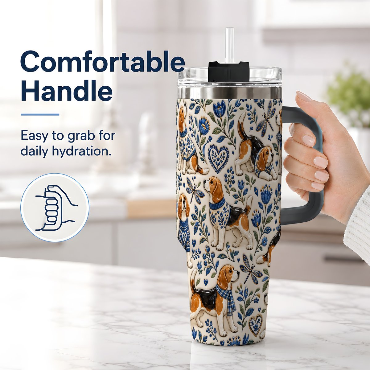#pl[40oz|Black] Beagle Floral Pattern Tumbler 40oz, Blue Botanical Artwork