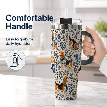 #pl[40oz|Black] Beagle Floral Pattern Tumbler 40oz, Blue Botanical Artwork
