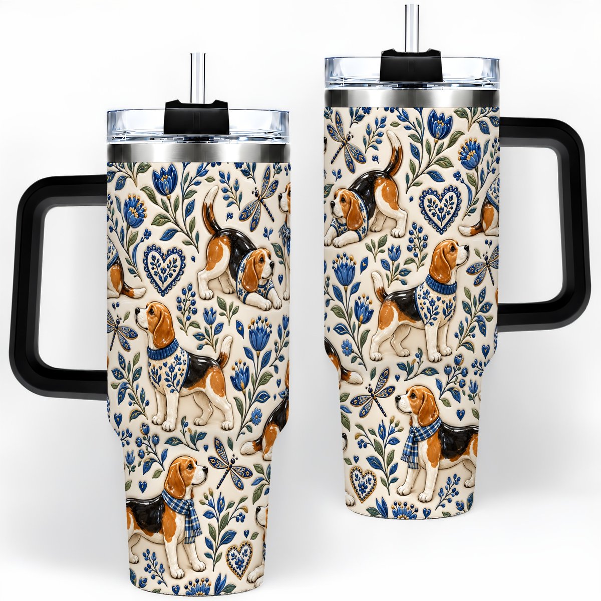 #pl[40oz|Black] Beagle Floral Pattern Tumbler 40oz, Blue Botanical Artwork