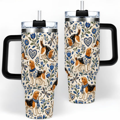 #pl[40oz|Black] Beagle Floral Pattern Tumbler 40oz, Blue Botanical Artwork