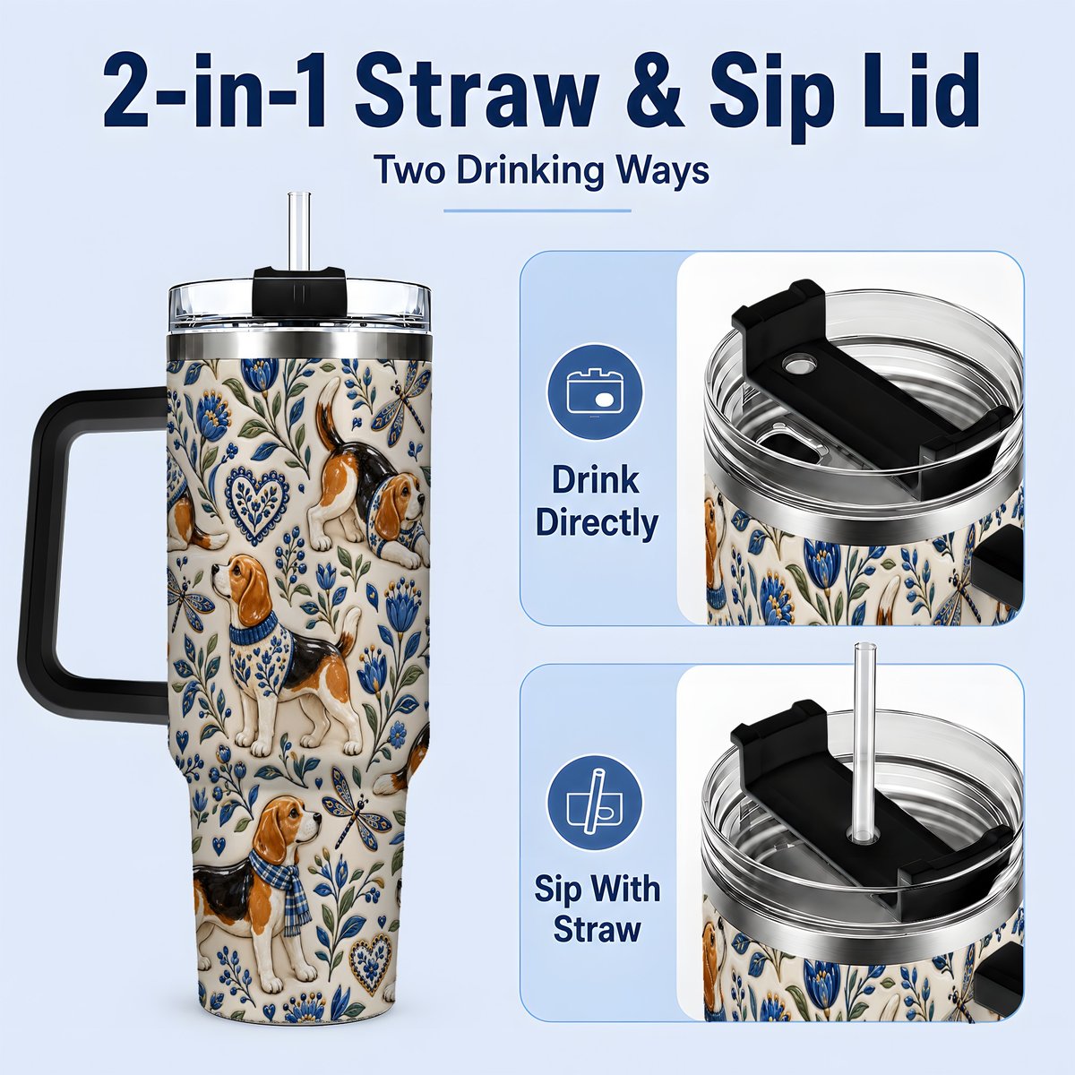 #pl[40oz|Black] Beagle Floral Pattern Tumbler 40oz, Blue Botanical Artwork