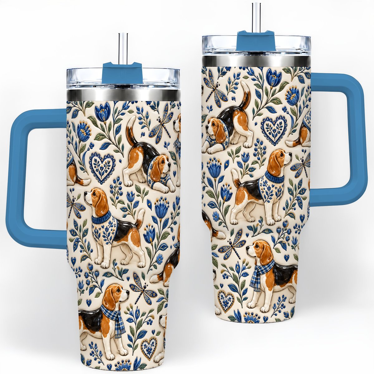 #pl[40oz|Blue] Beagle Floral Pattern Tumbler 40oz, Blue Botanical Artwork