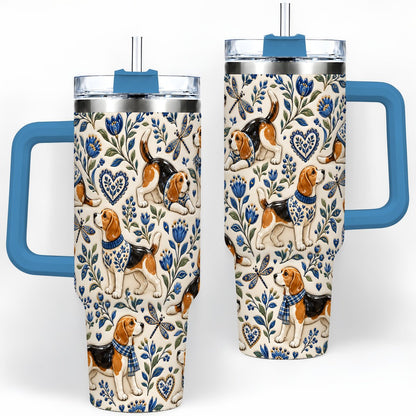 #pl[40oz|Blue] Beagle Floral Pattern Tumbler 40oz, Blue Botanical Artwork