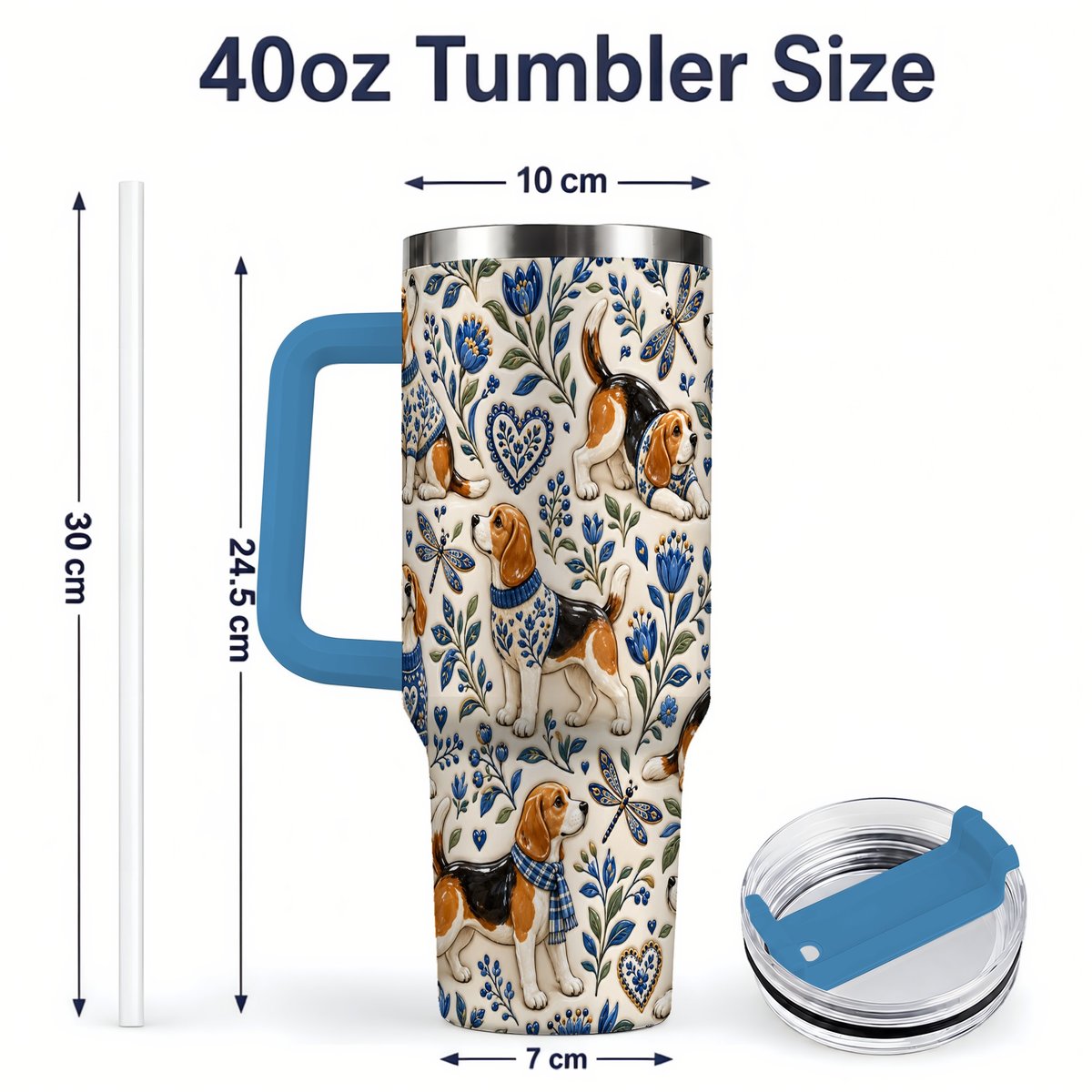 #pl[40oz|Blue] Beagle Floral Pattern Tumbler 40oz, Blue Botanical Artwork