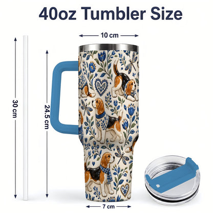 #pl[40oz|Blue] Beagle Floral Pattern Tumbler 40oz, Blue Botanical Artwork