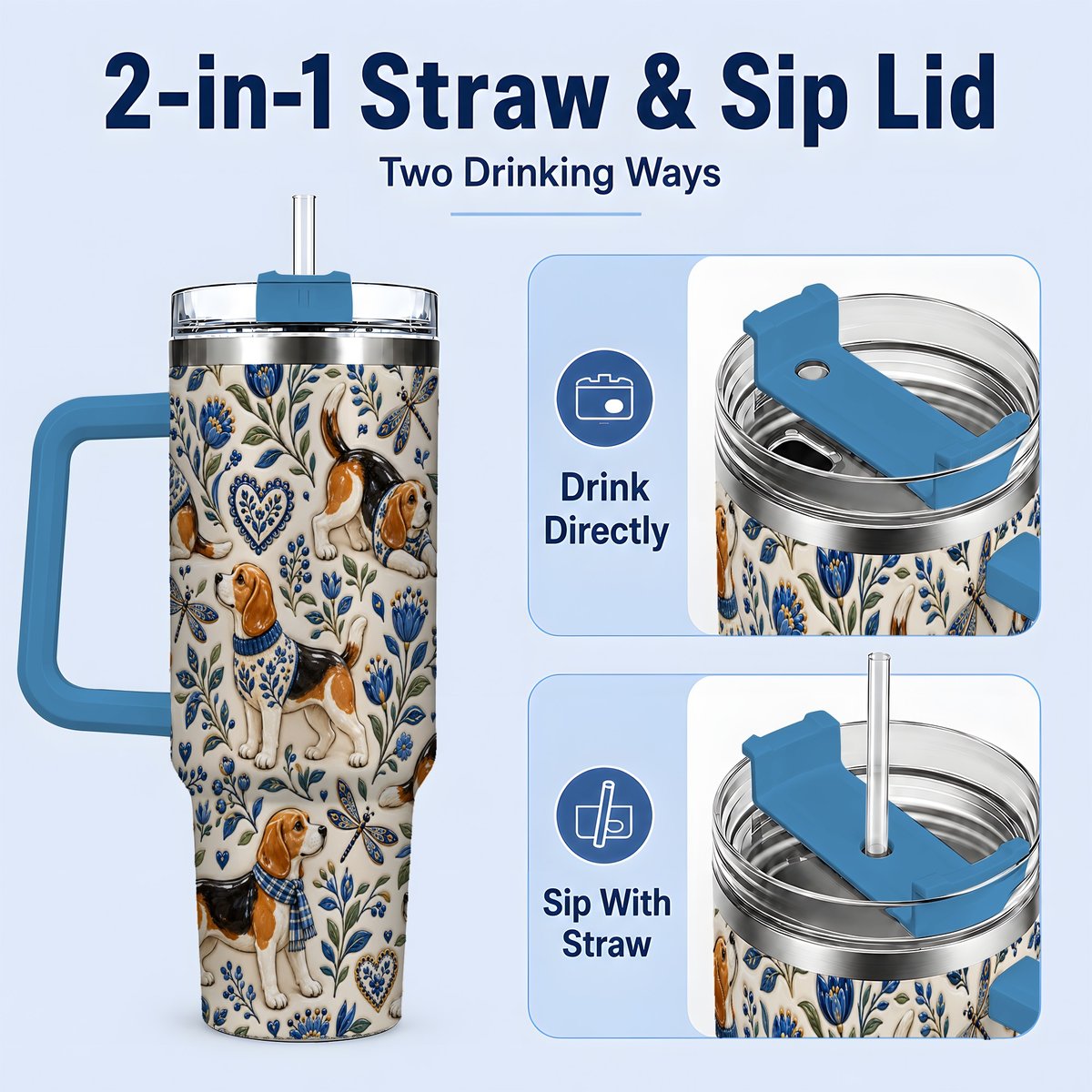 #pl[40oz|Blue] Beagle Floral Pattern Tumbler 40oz, Blue Botanical Artwork