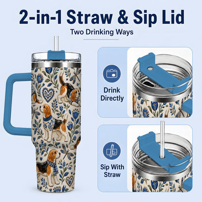 #pl[40oz|Blue] Beagle Floral Pattern Tumbler 40oz, Blue Botanical Artwork