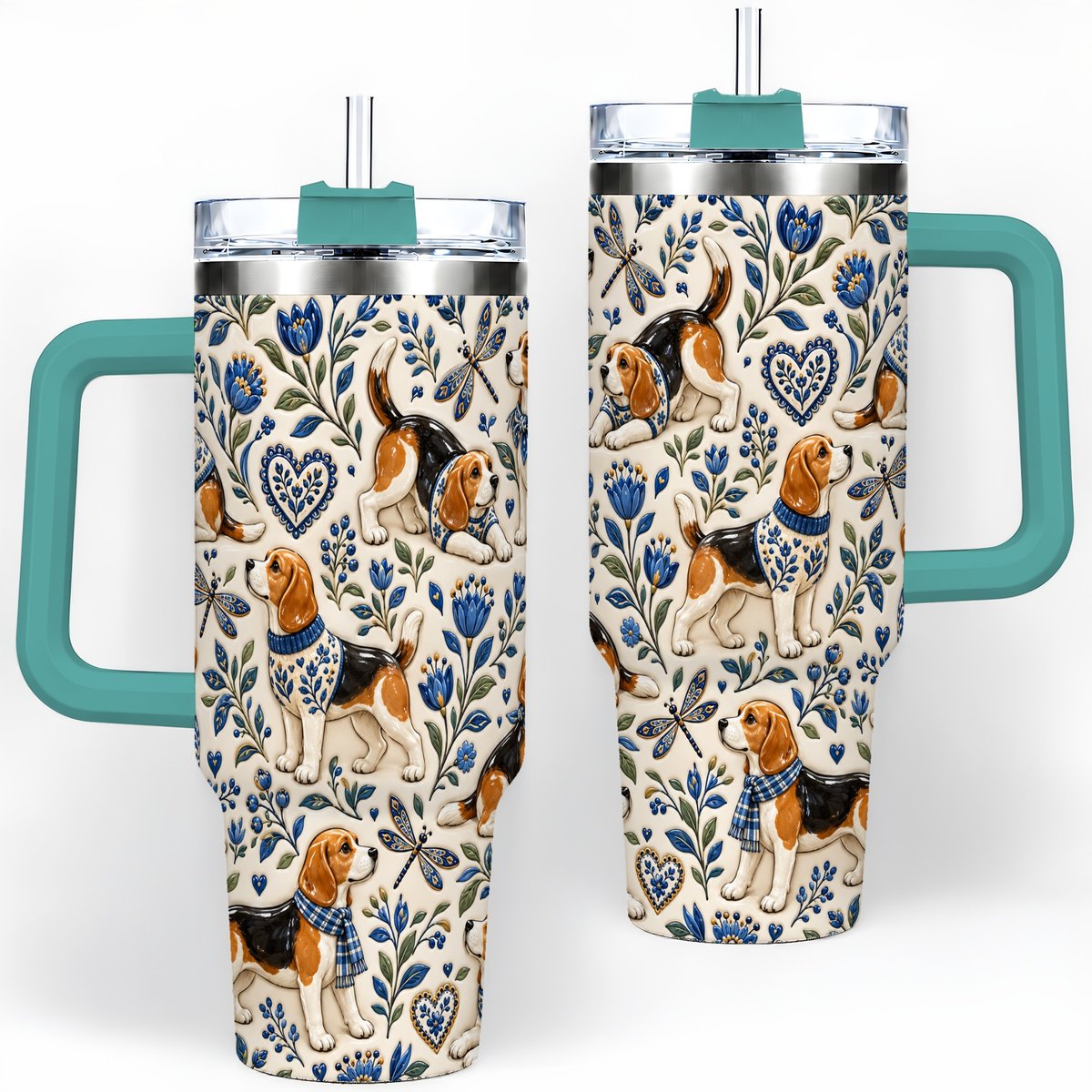 #pl[40oz|Green] Beagle Floral Pattern Tumbler 40oz, Blue Botanical Artwork