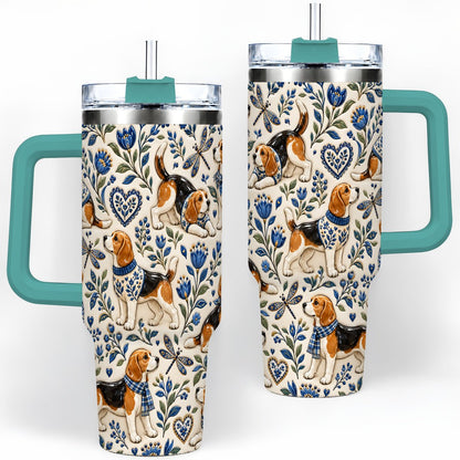#pl[40oz|Green] Beagle Floral Pattern Tumbler 40oz, Blue Botanical Artwork