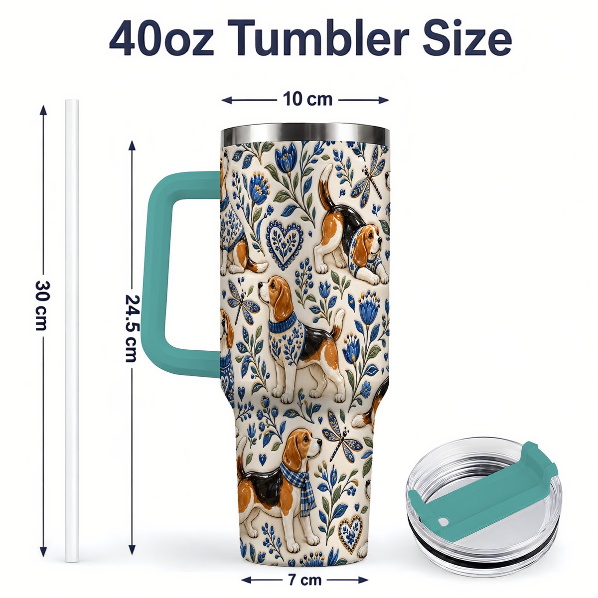 #pl[40oz|Green] Beagle Floral Pattern Tumbler 40oz, Blue Botanical Artwork