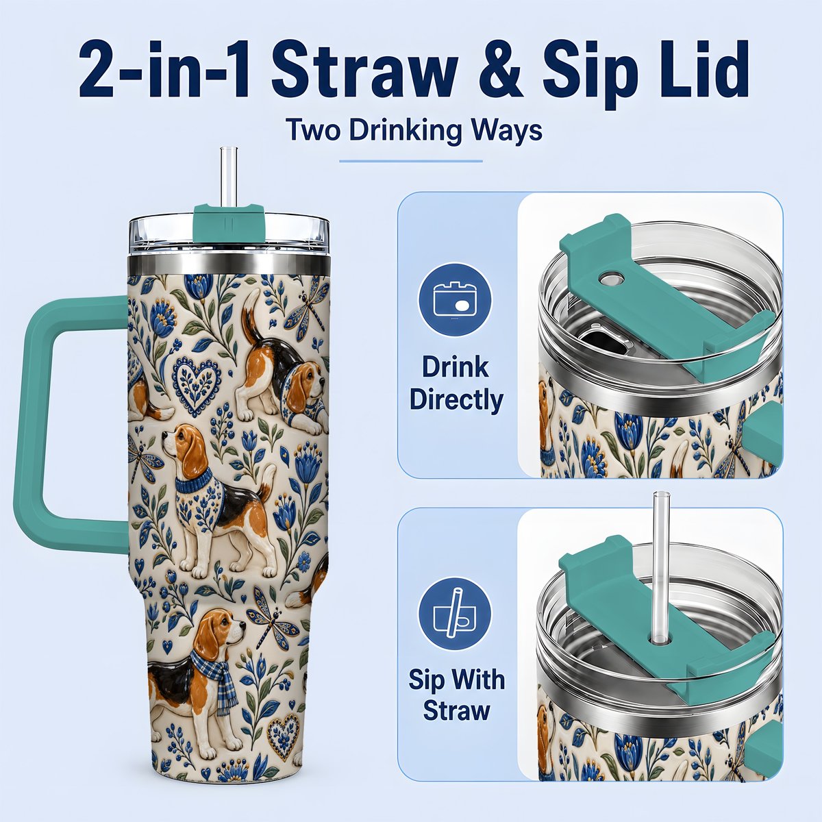 #pl[40oz|Green] Beagle Floral Pattern Tumbler 40oz, Blue Botanical Artwork