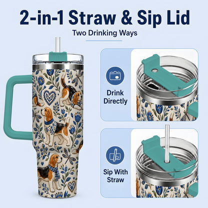 #pl[40oz|Green] Beagle Floral Pattern Tumbler 40oz, Blue Botanical Artwork
