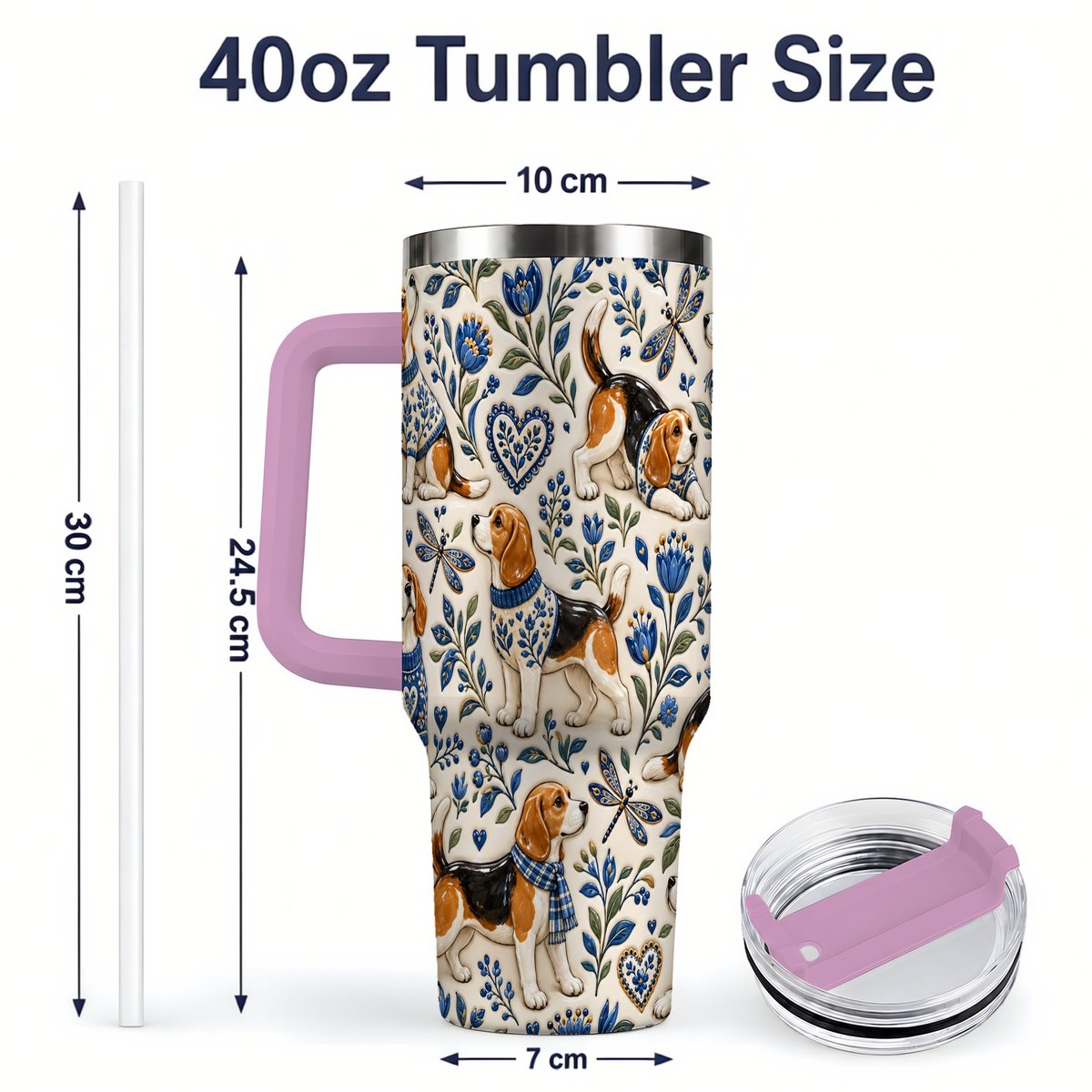 #pl[40oz|Pink] Beagle Floral Pattern Tumbler 40oz, Blue Botanical Artwork