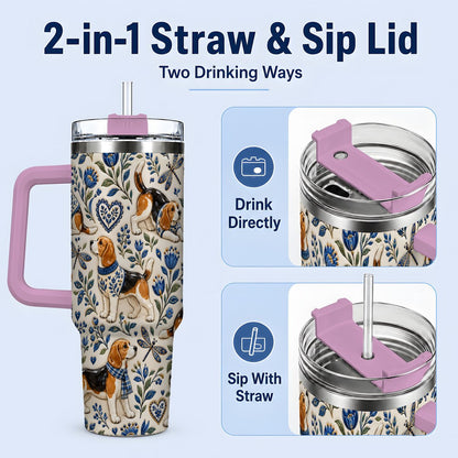 #pl[40oz|Pink] Beagle Floral Pattern Tumbler 40oz, Blue Botanical Artwork