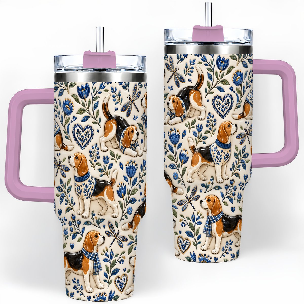 #pl[40oz|Pink] Beagle Floral Pattern Tumbler 40oz, Blue Botanical Artwork