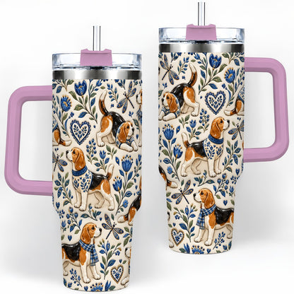 #pl[40oz|Pink] Beagle Floral Pattern Tumbler 40oz, Blue Botanical Artwork