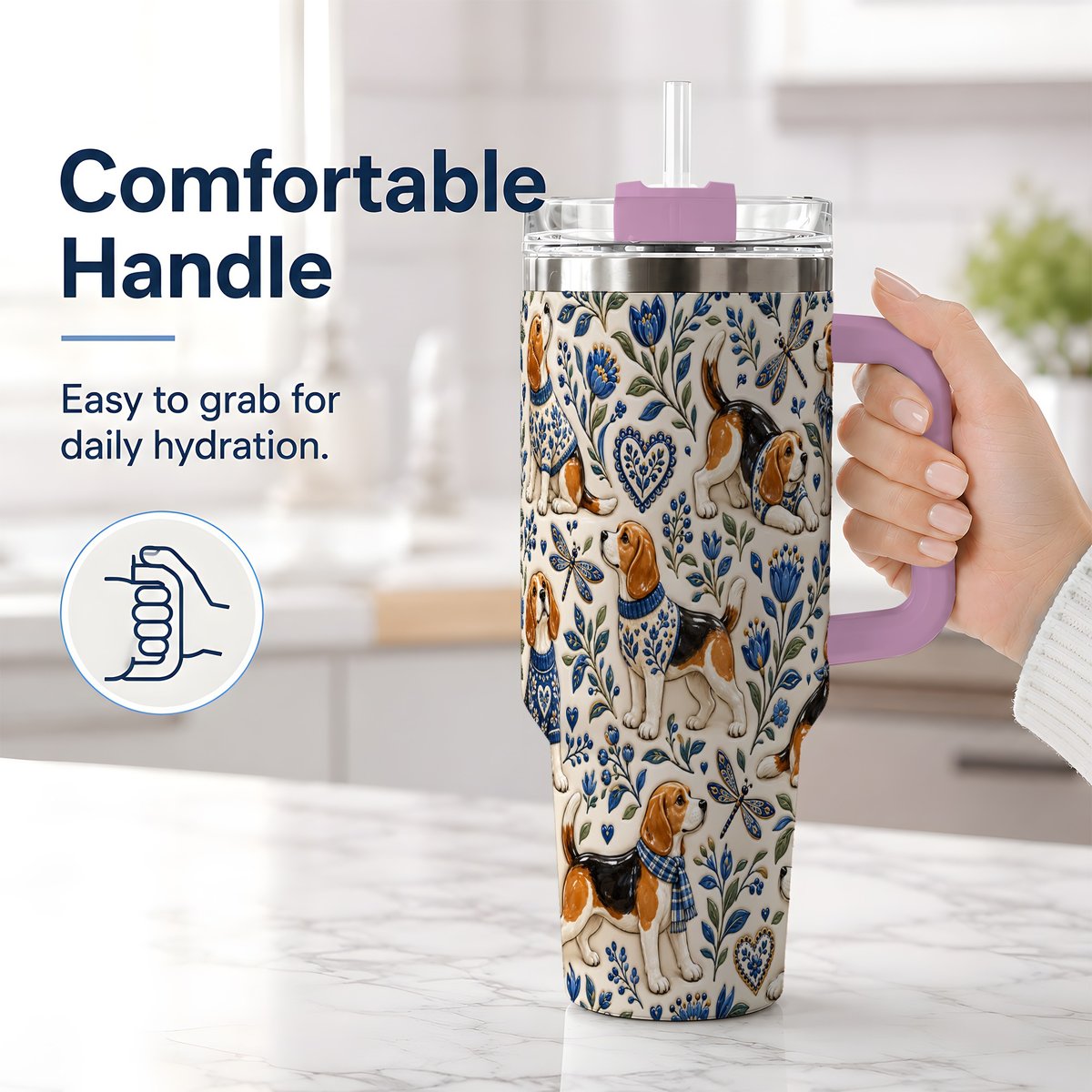 #pl[40oz|Pink] Beagle Floral Pattern Tumbler 40oz, Blue Botanical Artwork