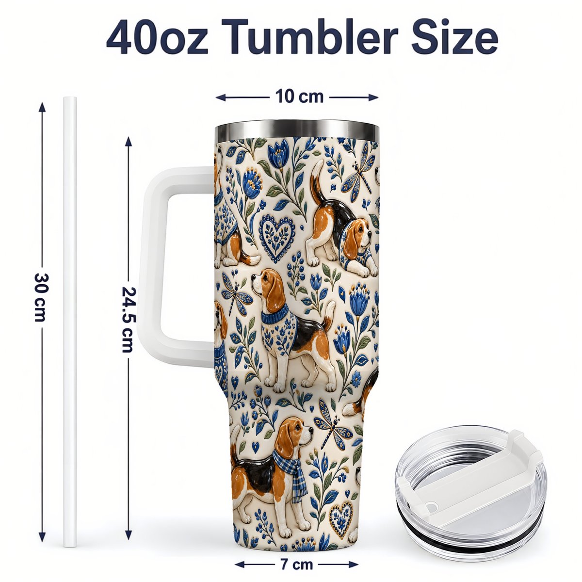 #pl[40oz|White] Beagle Floral Pattern Tumbler 40oz, Blue Botanical Artwork