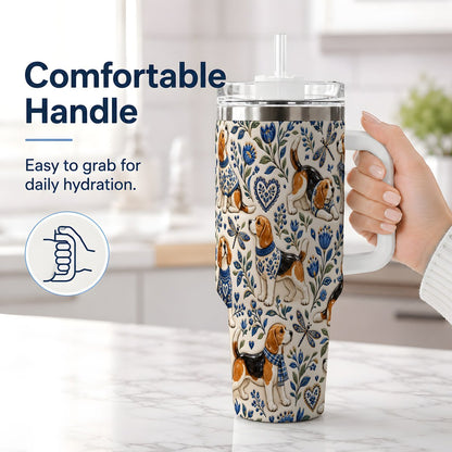 #pl[40oz|White] Beagle Floral Pattern Tumbler 40oz, Blue Botanical Artwork