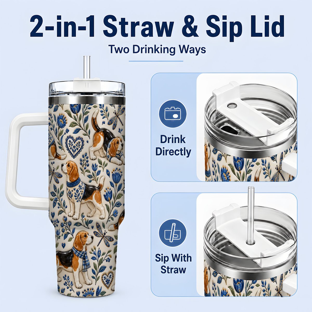 #pl[40oz|White] Beagle Floral Pattern Tumbler 40oz, Blue Botanical Artwork