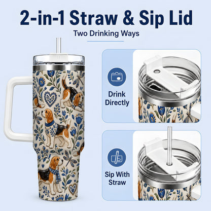 #pl[40oz|White] Beagle Floral Pattern Tumbler 40oz, Blue Botanical Artwork