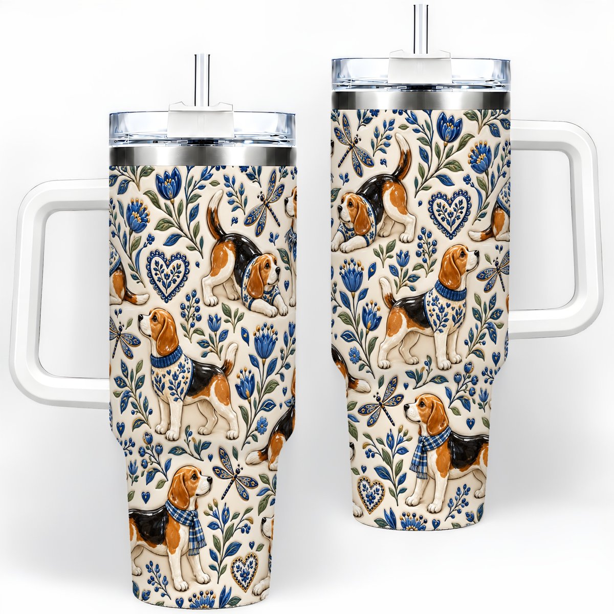 Beagle Floral Pattern Tumbler 40oz, Blue Botanical Artwork