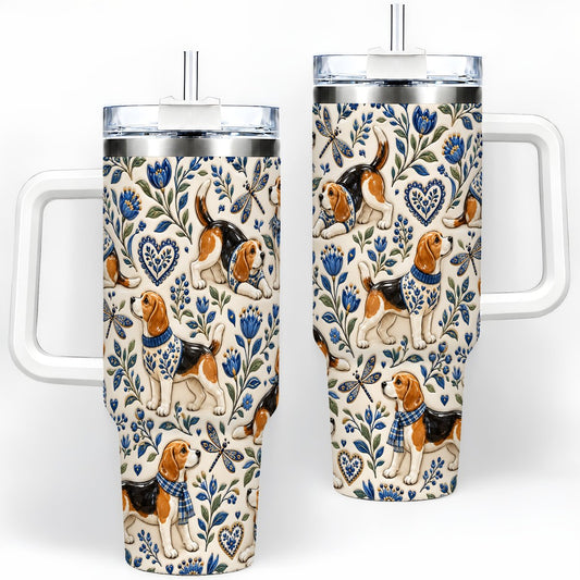 Beagle Floral Pattern Tumbler 40oz, Blue Botanical Artwork