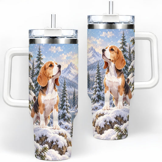 Winter Beagle Tumbler 40oz, Snowy Lakeside Artwork