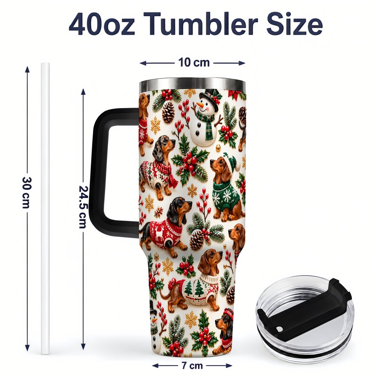 #pl[40oz|Black] Christmas Dachshund Tumbler 40oz, Holiday Dog Pattern