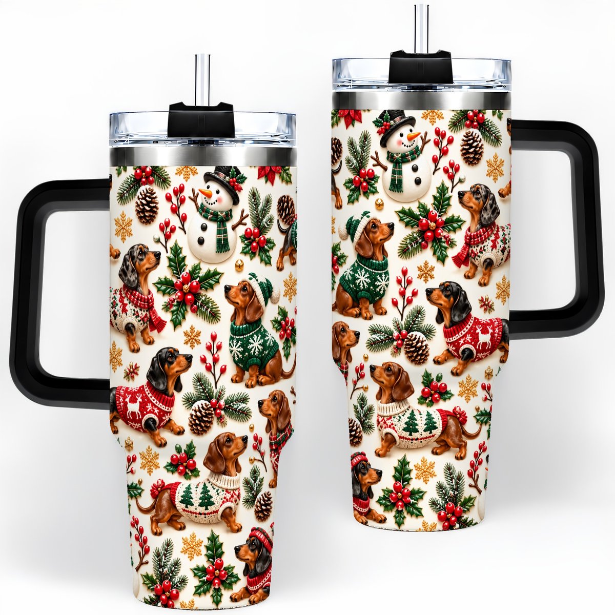 #pl[40oz|Black] Christmas Dachshund Tumbler 40oz, Holiday Dog Pattern