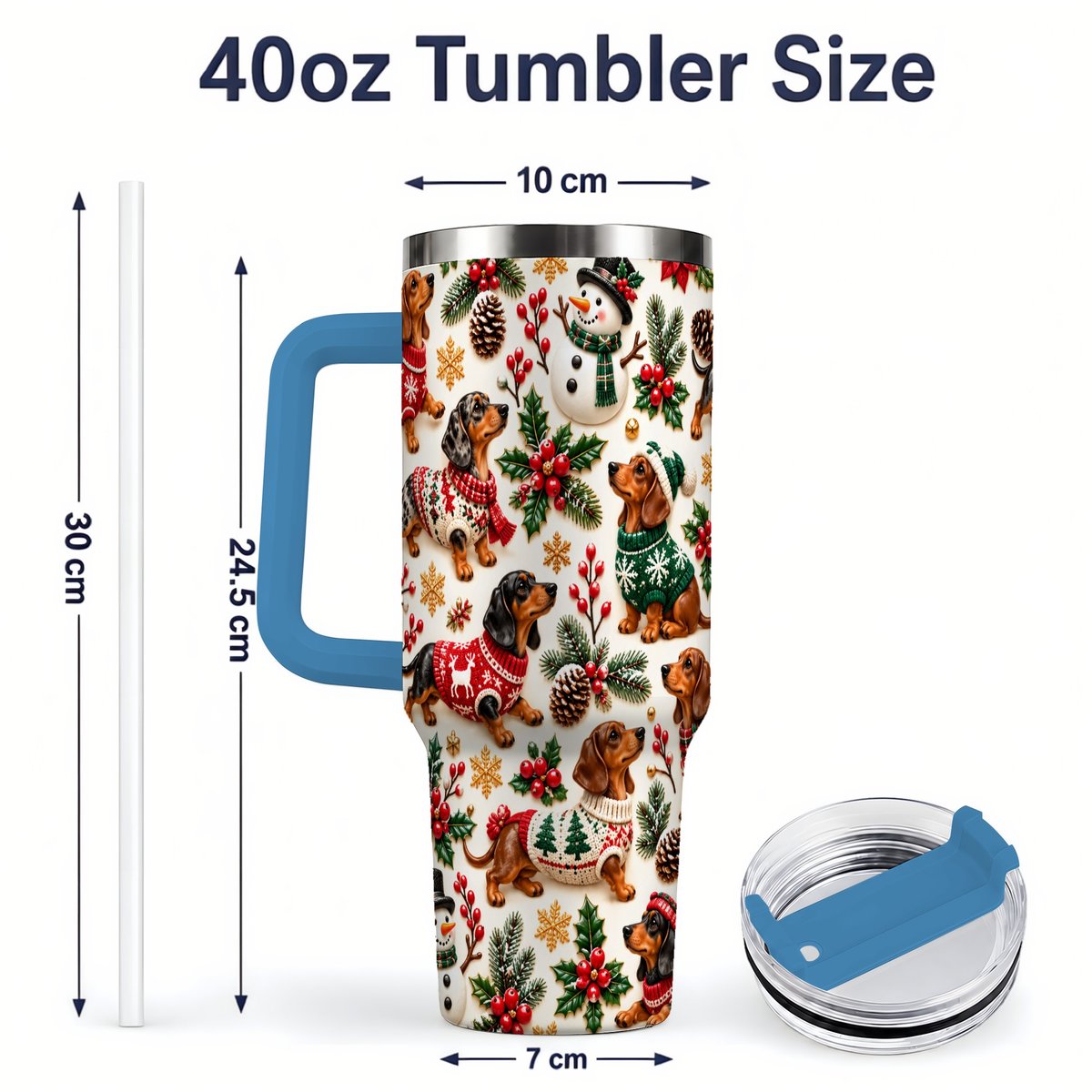 #pl[40oz|Blue] Christmas Dachshund Tumbler 40oz, Holiday Dog Pattern