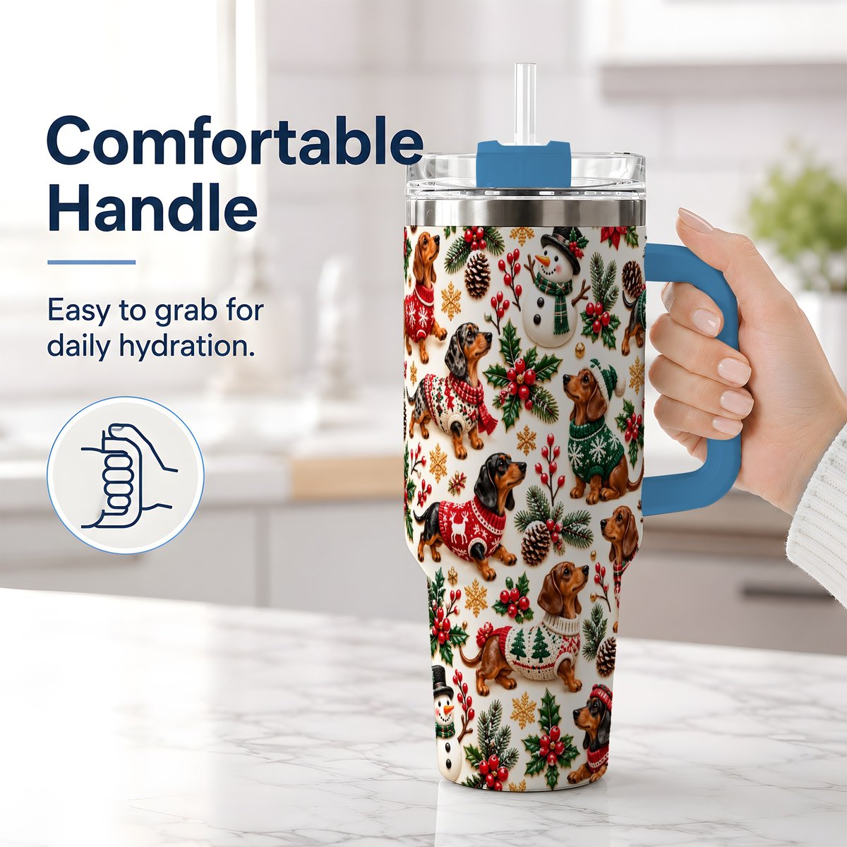 #pl[40oz|Blue] Christmas Dachshund Tumbler 40oz, Holiday Dog Pattern