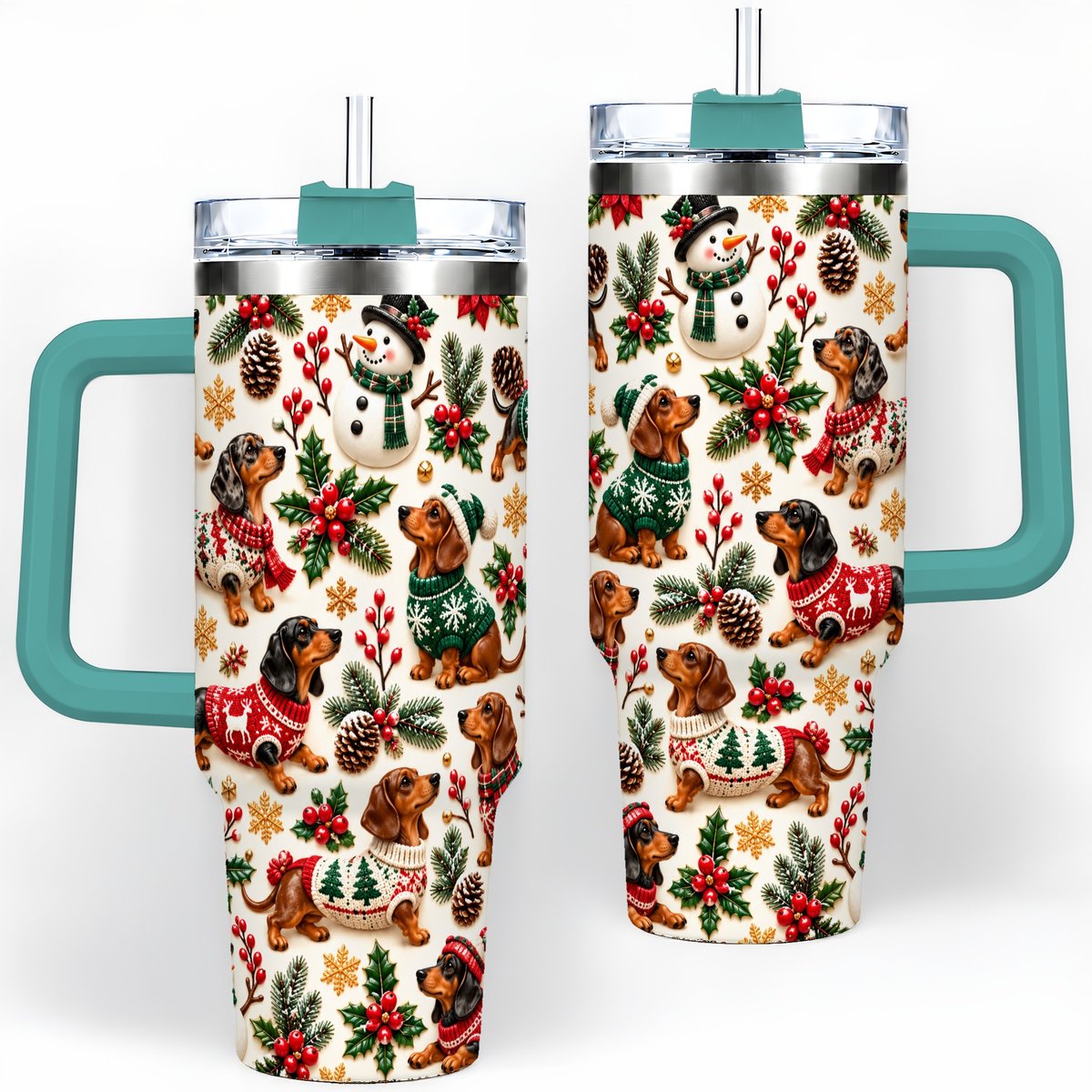 #pl[40oz|Green] Christmas Dachshund Tumbler 40oz, Holiday Dog Pattern