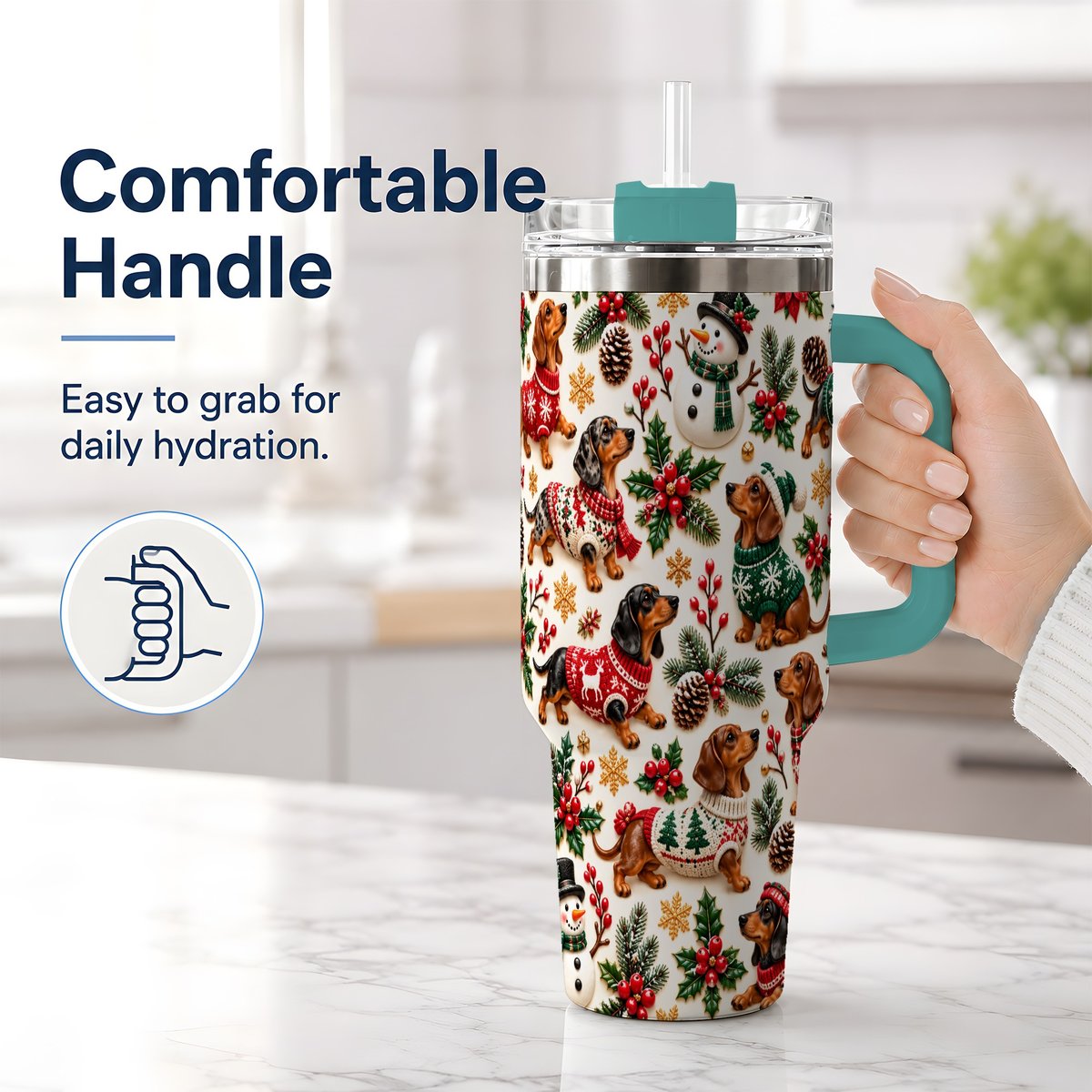#pl[40oz|Green] Christmas Dachshund Tumbler 40oz, Holiday Dog Pattern
