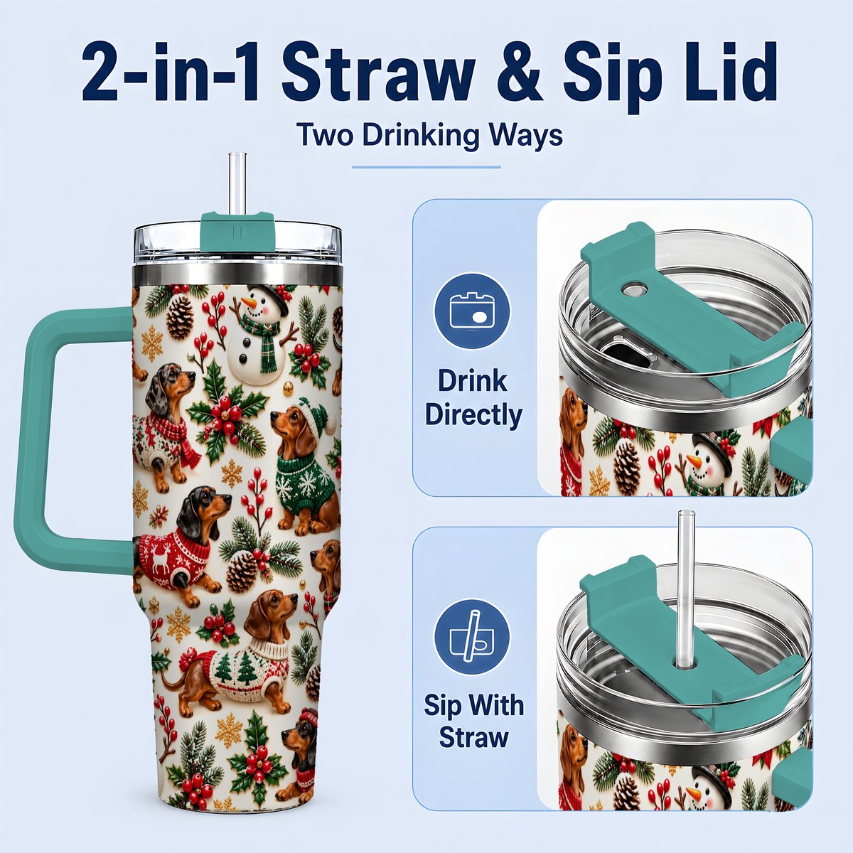 #pl[40oz|Green] Christmas Dachshund Tumbler 40oz, Holiday Dog Pattern