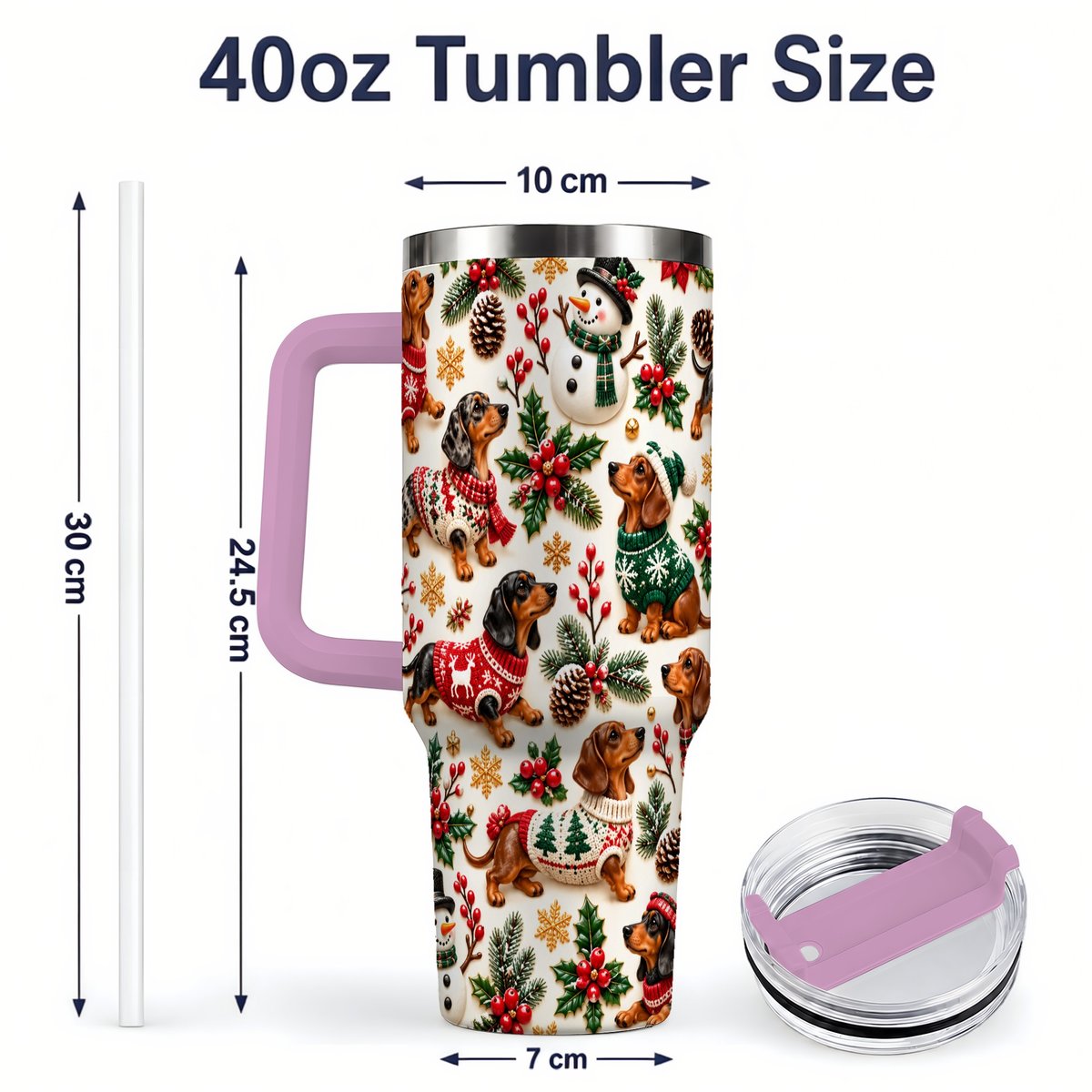 #pl[40oz|Pink] Christmas Dachshund Tumbler 40oz, Holiday Dog Pattern