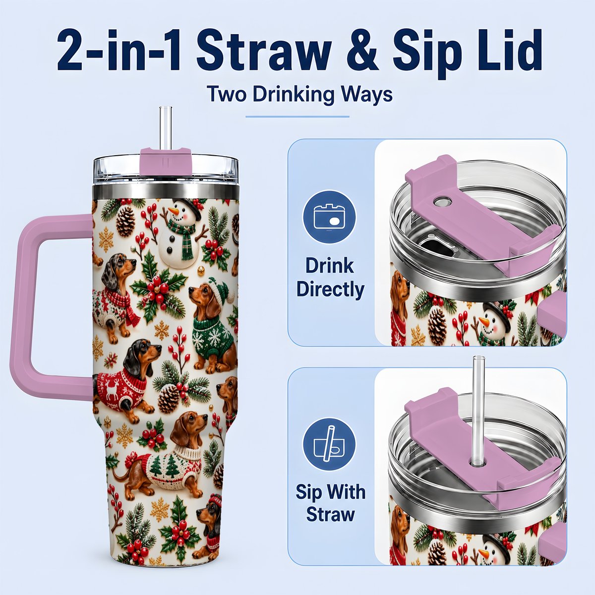 #pl[40oz|Pink] Christmas Dachshund Tumbler 40oz, Holiday Dog Pattern