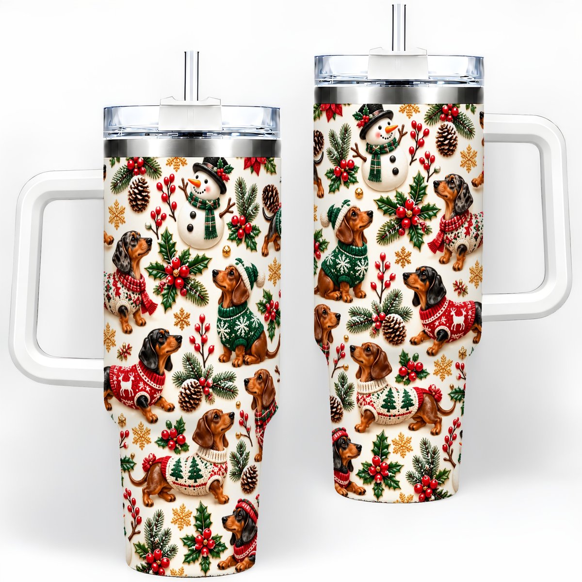 Christmas Dachshund Tumbler 40oz, Holiday Dog Pattern