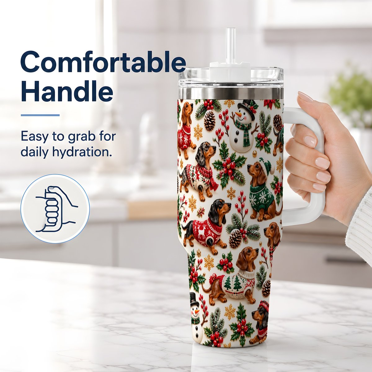 #pl[40oz|White] Christmas Dachshund Tumbler 40oz, Holiday Dog Pattern