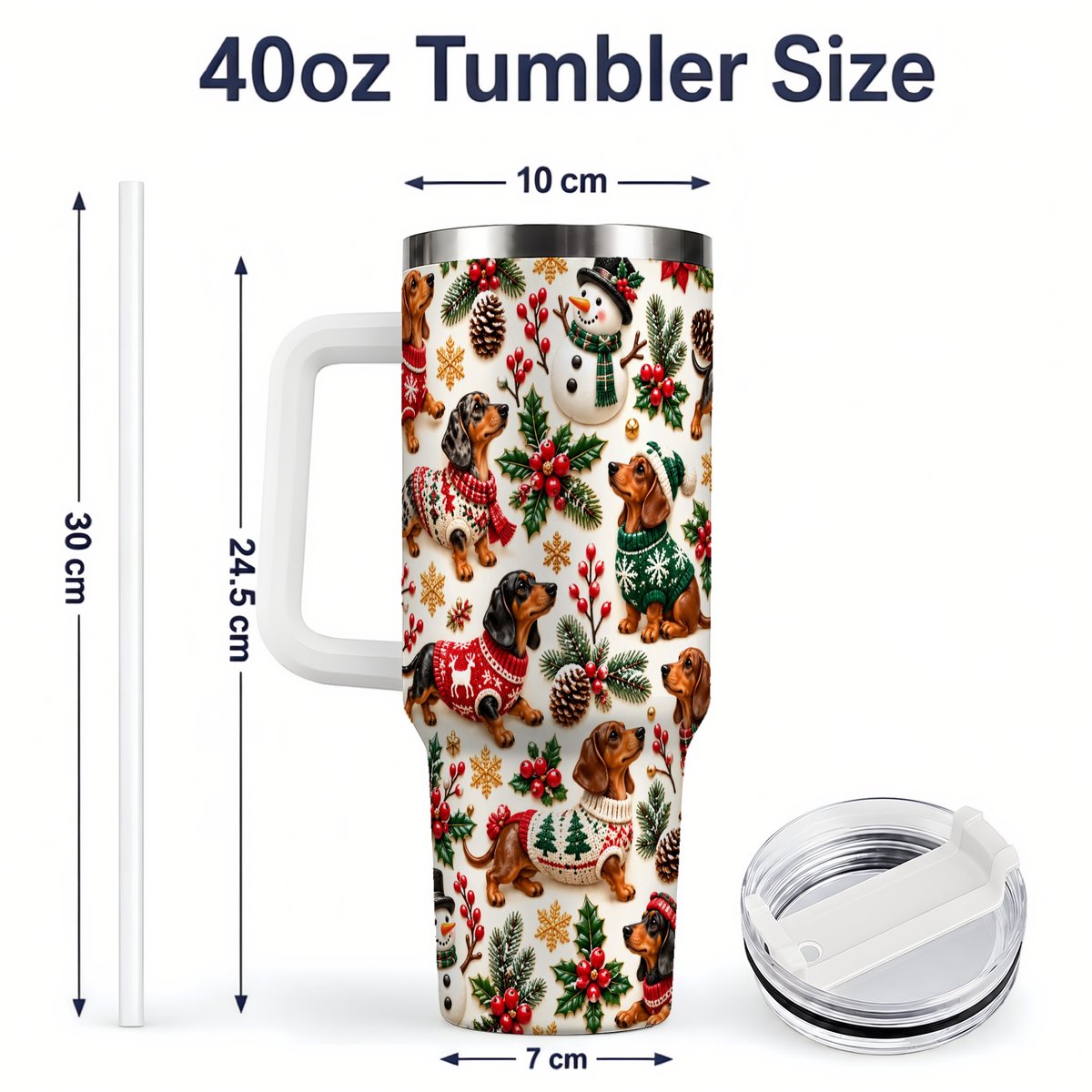 #pl[40oz|White] Christmas Dachshund Tumbler 40oz, Holiday Dog Pattern