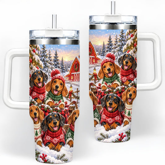 Christmas Dachshund Tumbler 40oz, Winter Farm Scene