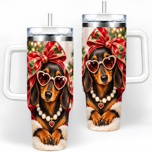 Christmas Dachshund Tumbler 40oz, Festive Red Bow Art